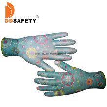13 Gauge Blue Flower Design Nylon Liner Knit Wrist White PU Coated Gloves